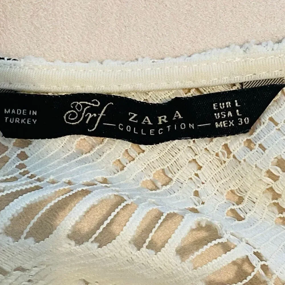 Zara TRF Collection Sheer Lace Back Zip Quarter Sleeve Blouse Ivory Large